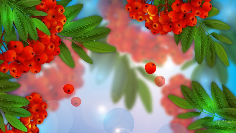 Red Berries on Branches — Serene, Autumn, Digital Art
