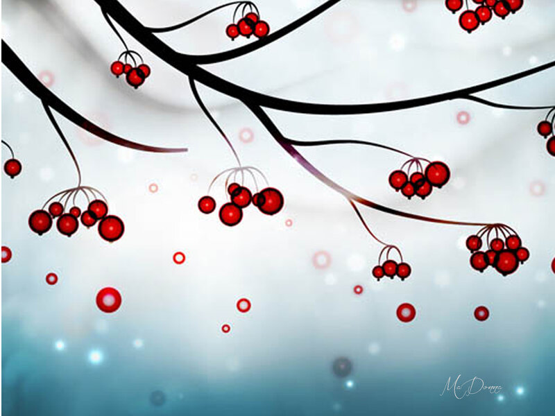 Red Berries on Branches — Serene, Winter, Digital Art