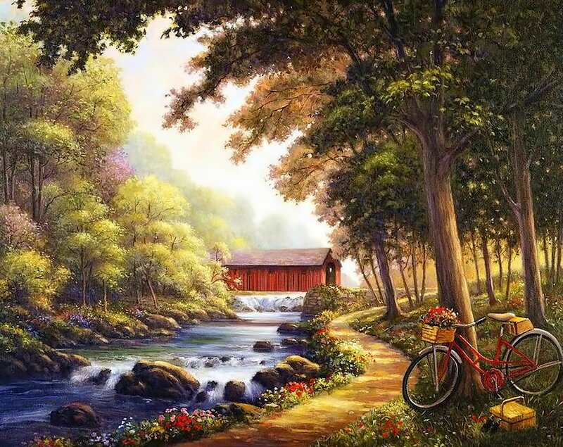 Red Bicycle by River — Green