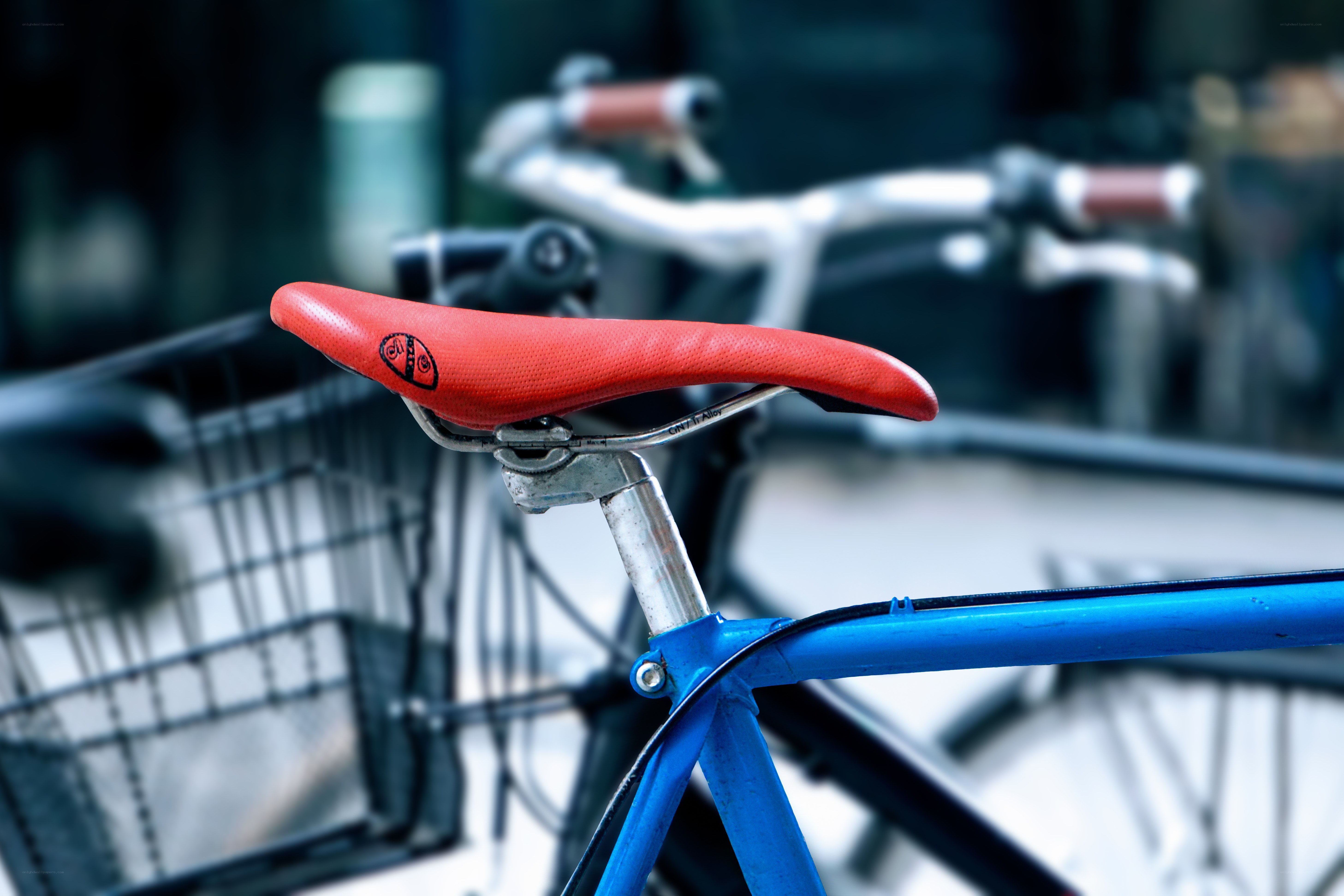 Red bicycle seat in focus