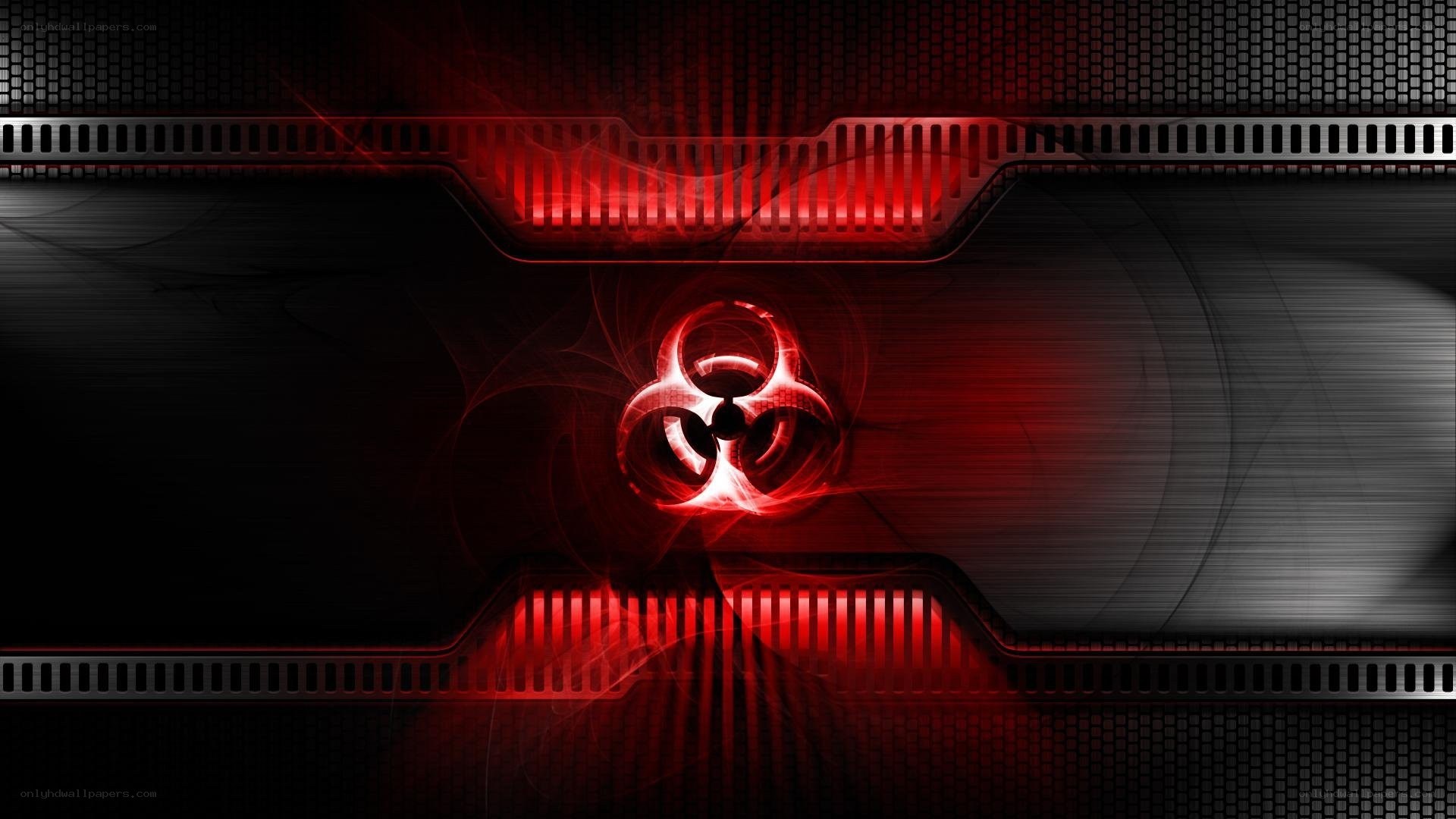 Red biohazard symbol on dark background