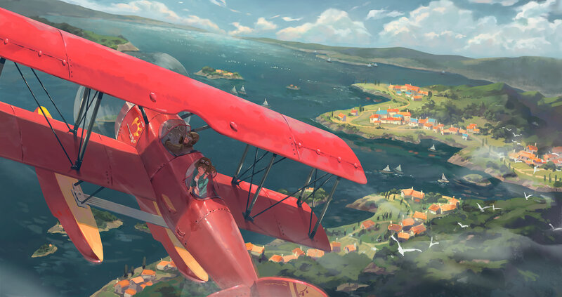 Red Biplane Flying — Serene