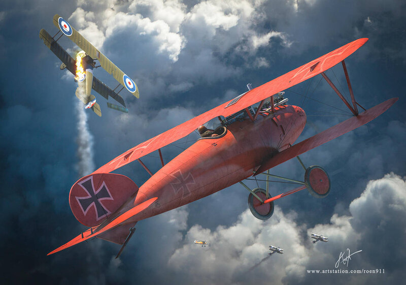 Red Biplane in Dogfight