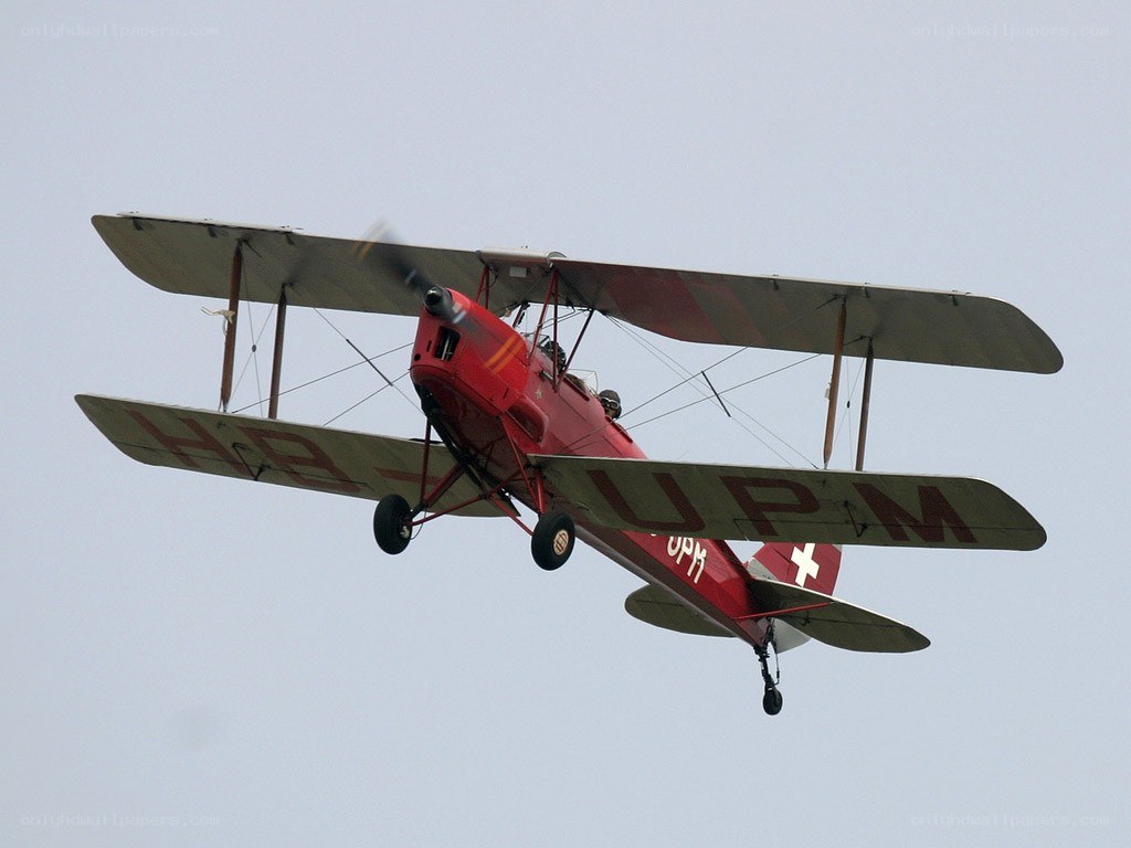 Red biplane in flight