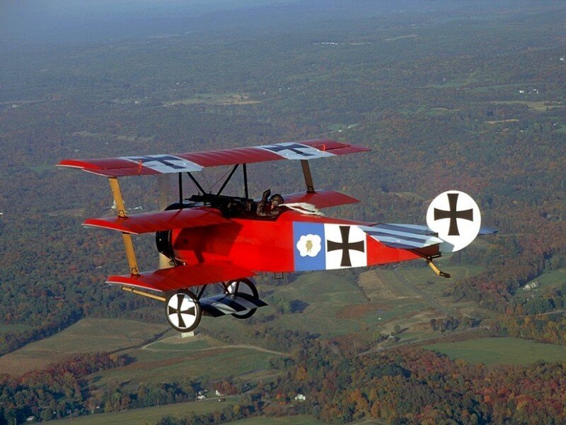 Red Biplane in Flight — Aerial, Autumn