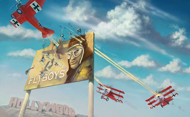 Red biplanes attack billboard