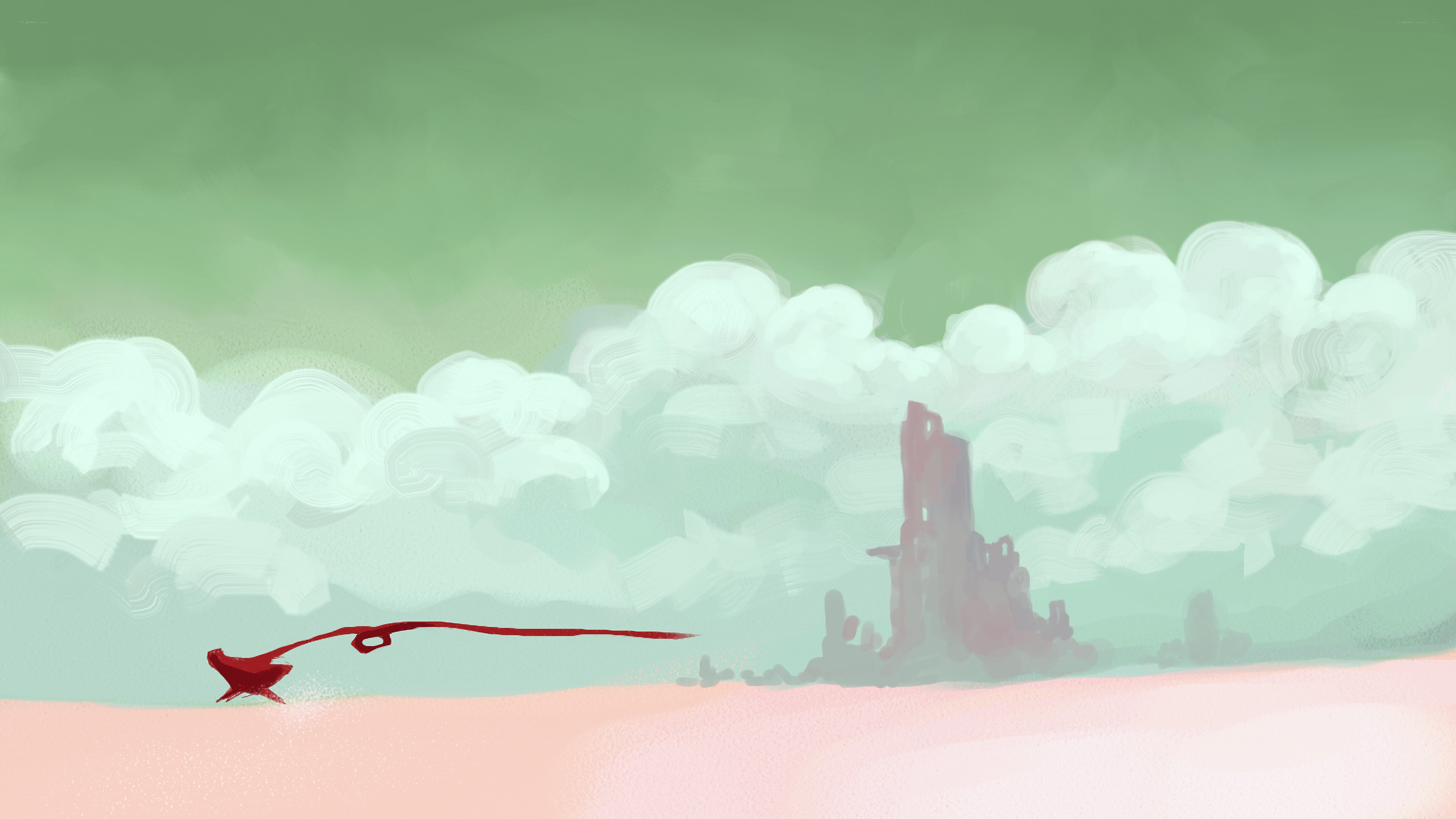 Red bird flying over ruins