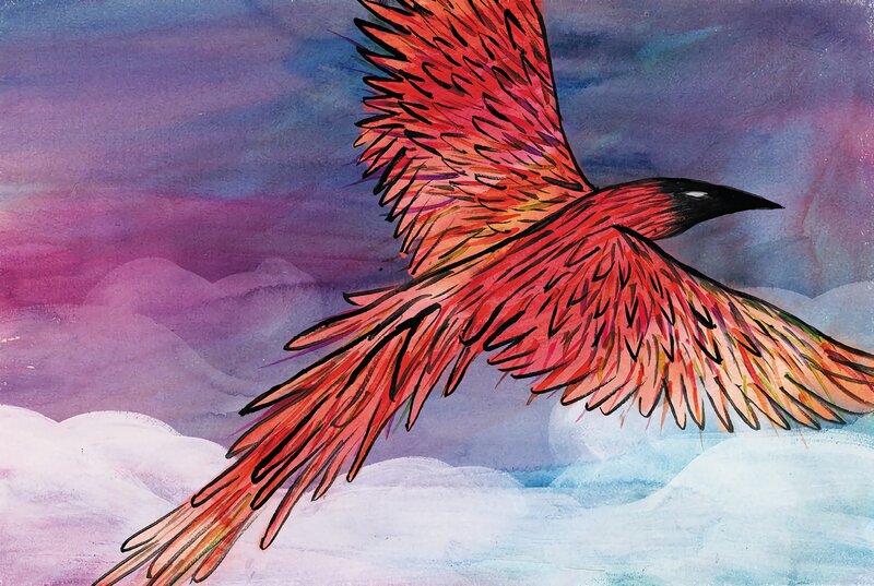 Red Bird in Flight — Dramatic