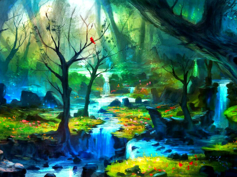 Red Bird in Forest — Green