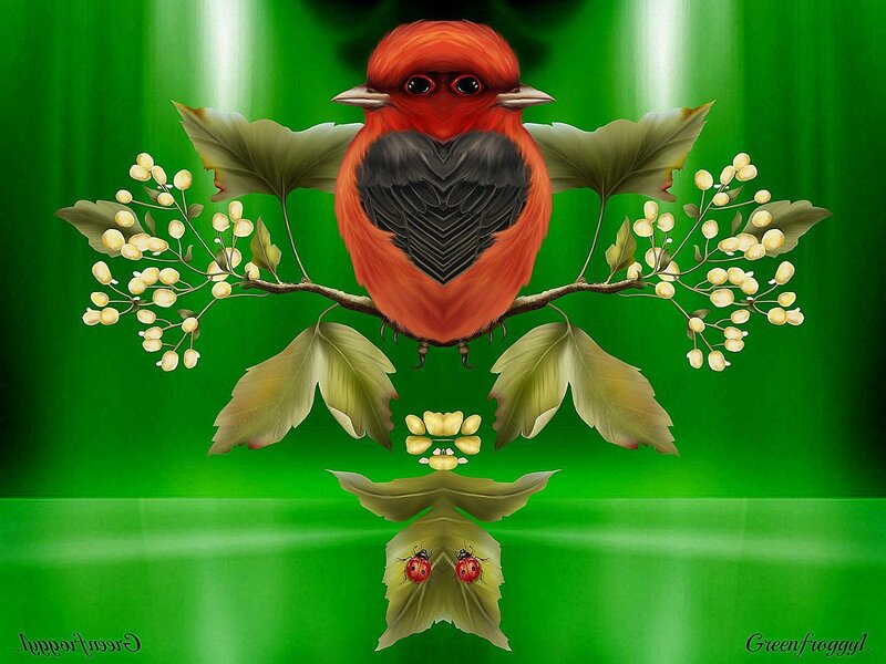 Red Bird on Branch — Green, Serene, Digital Art