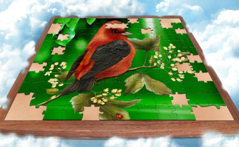 Red Bird on Branch — Green, Serene, Morning