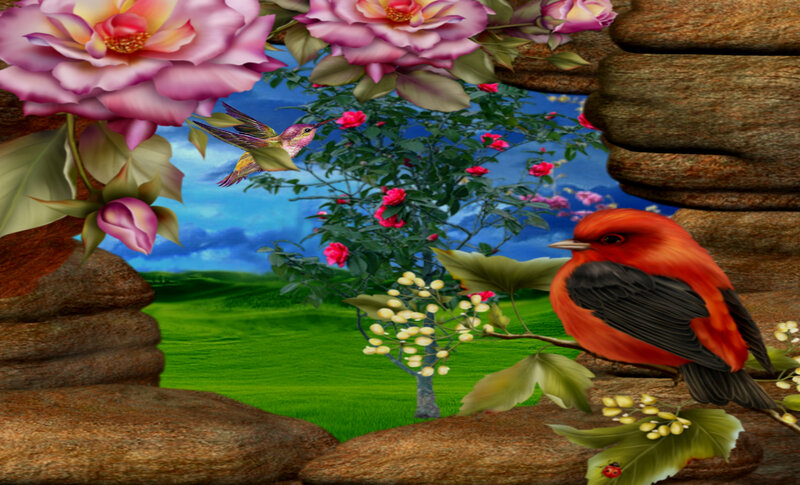 Red Bird on Branch — Green