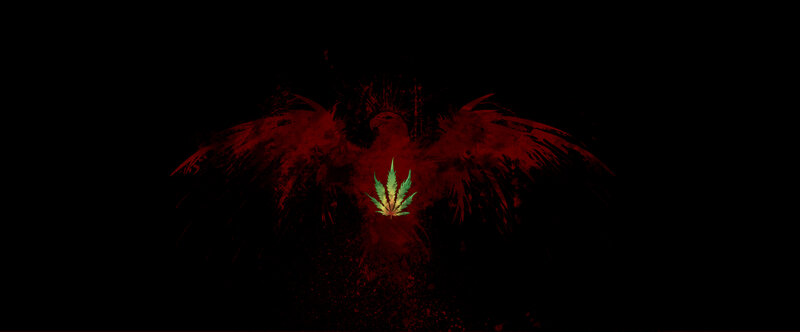 Red bird with cannabis leaf