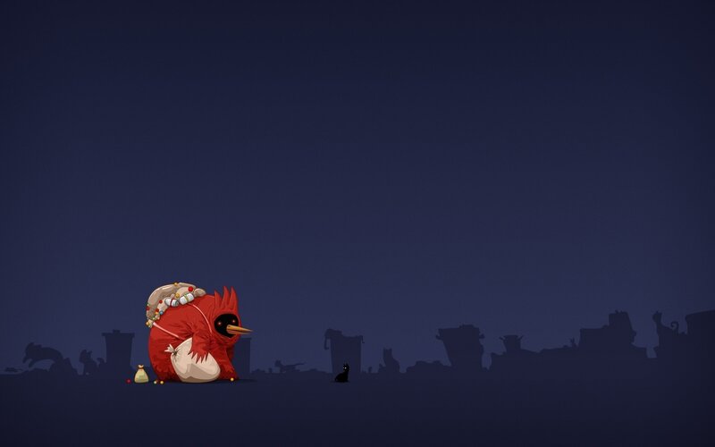 Red bird with sack at night