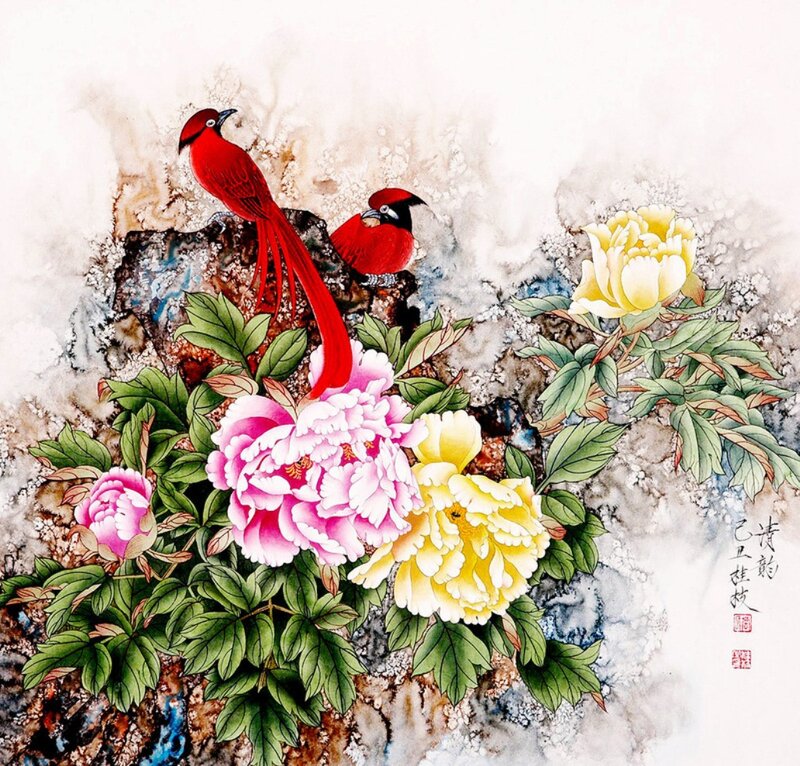 Red Birds and Peonies — Serene