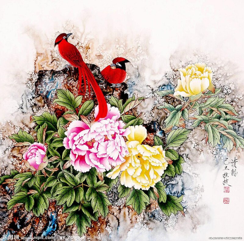 Red Birds and Peonies