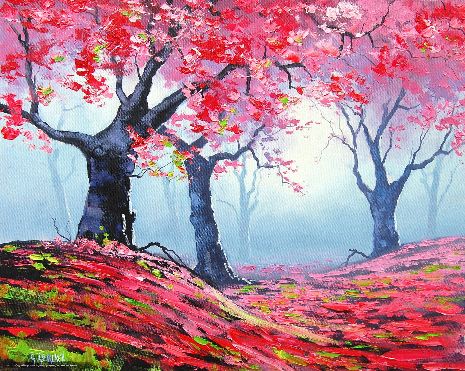 Red Blossom Trees in Mist