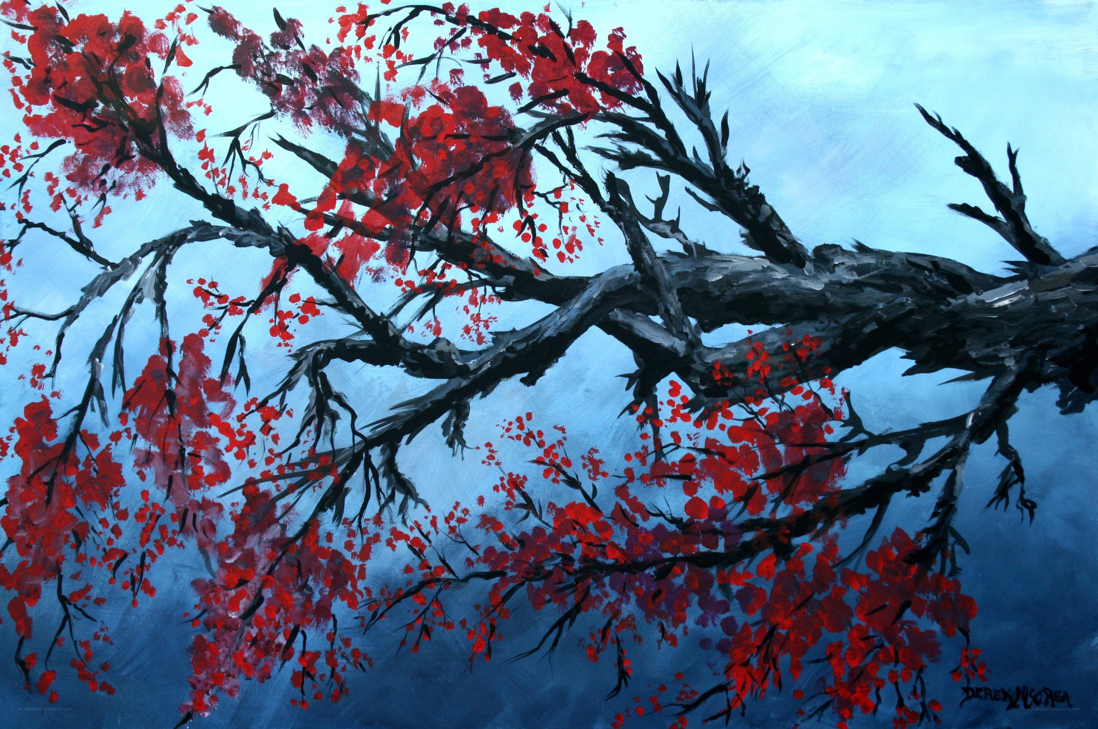 Red blossoms on a dark branch