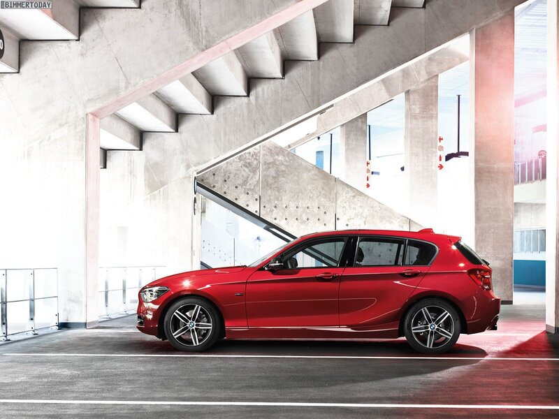 Red BMW 1 Series in parking garage