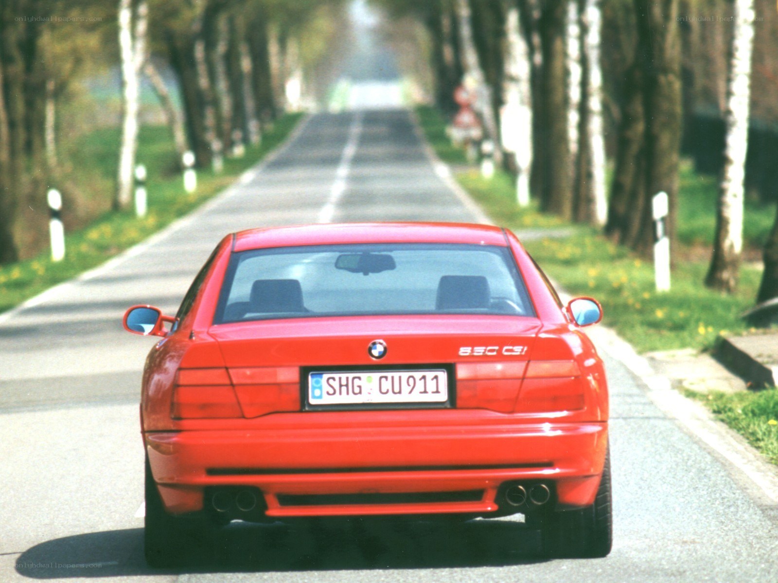 Red BMW 850 CSI on a tree-lined road