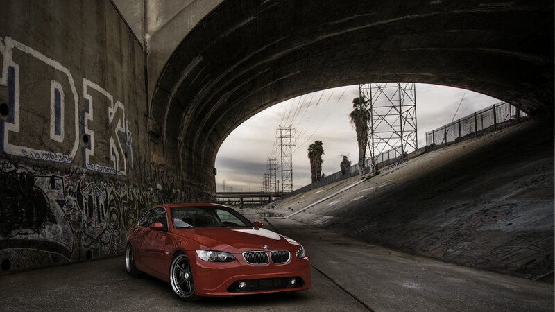 Red Bmw Car — Dramatic, Afternoon, Photograph, Graffiti Wall, Bridge, Power Lines, Palm Trees, Gray