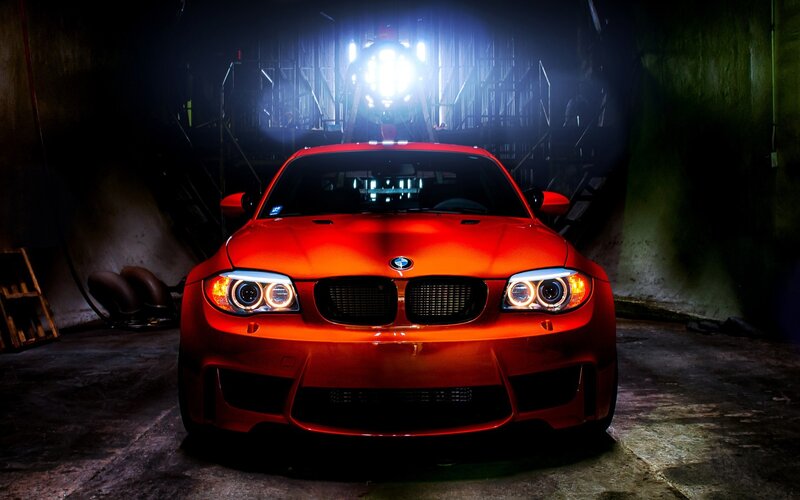 Red Bmw Car — Dramatic, Night, Photograph, Headlights, Garage