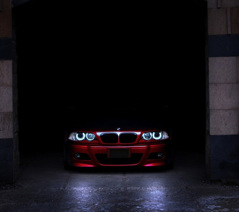 Red BMW Car — Dramatic, Night, Photograph, Headlights