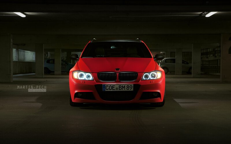 Red Bmw Car — Dramatic, Night, Photograph, Parking Garage, Lights