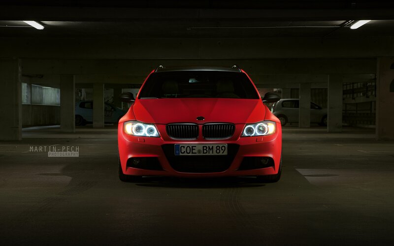 Red Bmw Car — Dramatic, Night, Photograph, Parking Garage