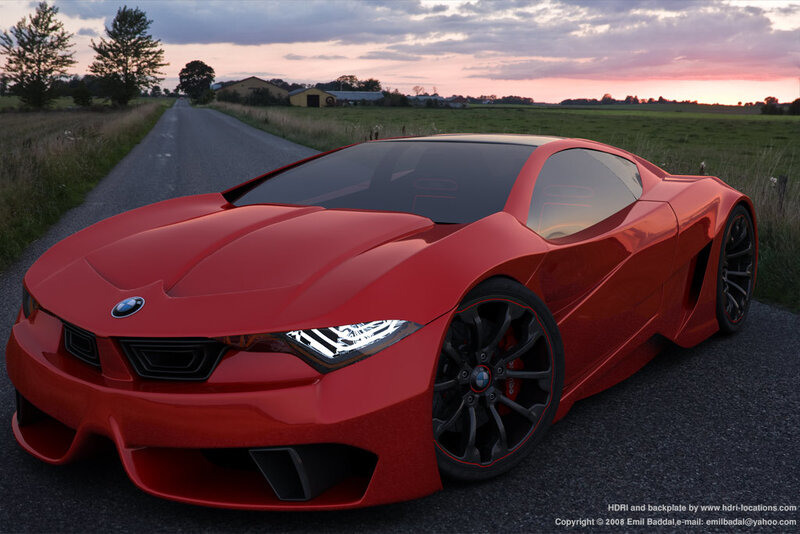 Red BMW concept car on country road