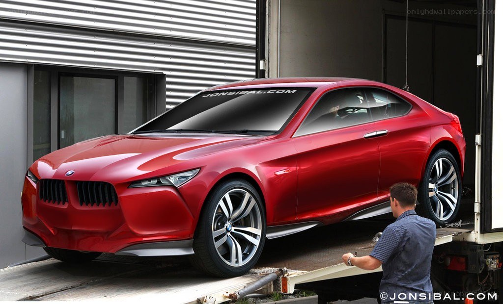 Red BMW concept car on trailer