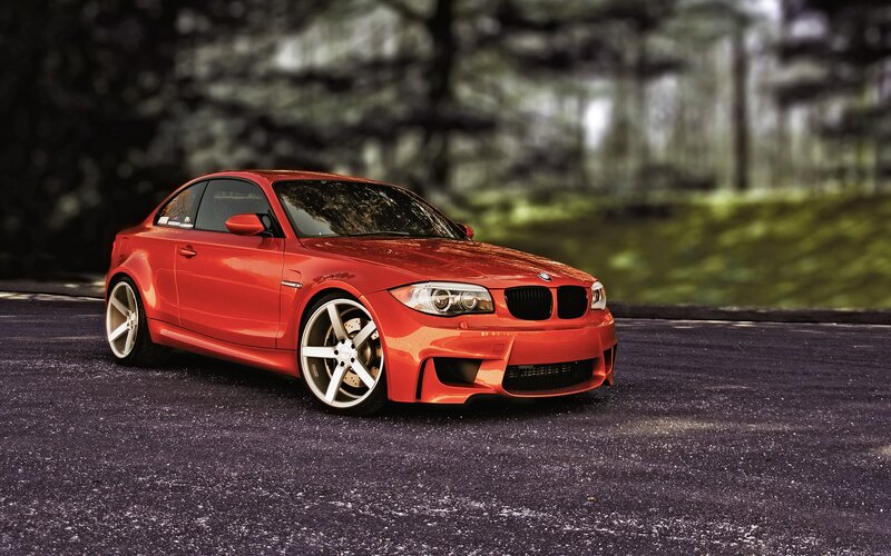 Red BMW Coupe — Dramatic, Photograph, Car, Road, Trees