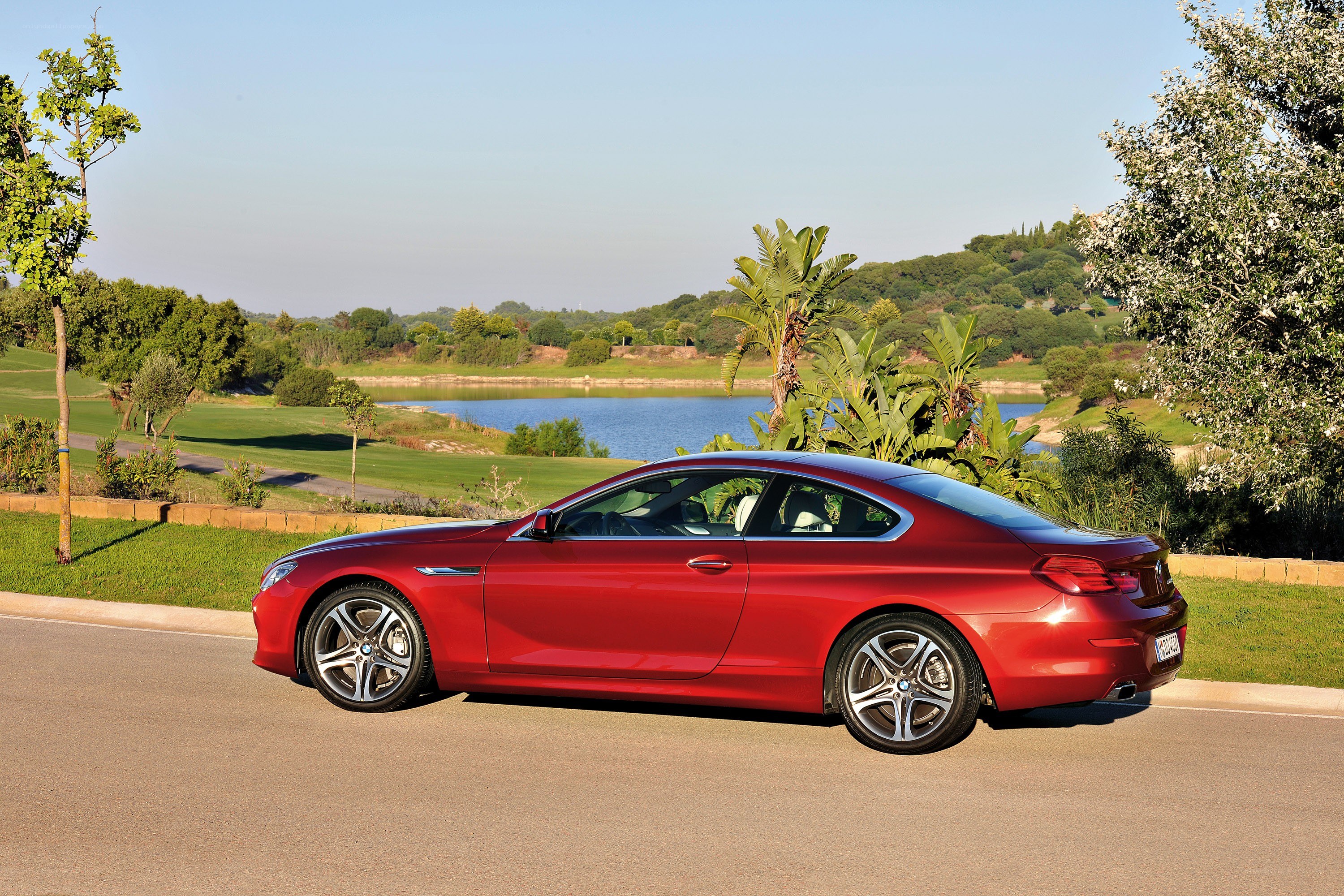 Red BMW coupe on a golf course