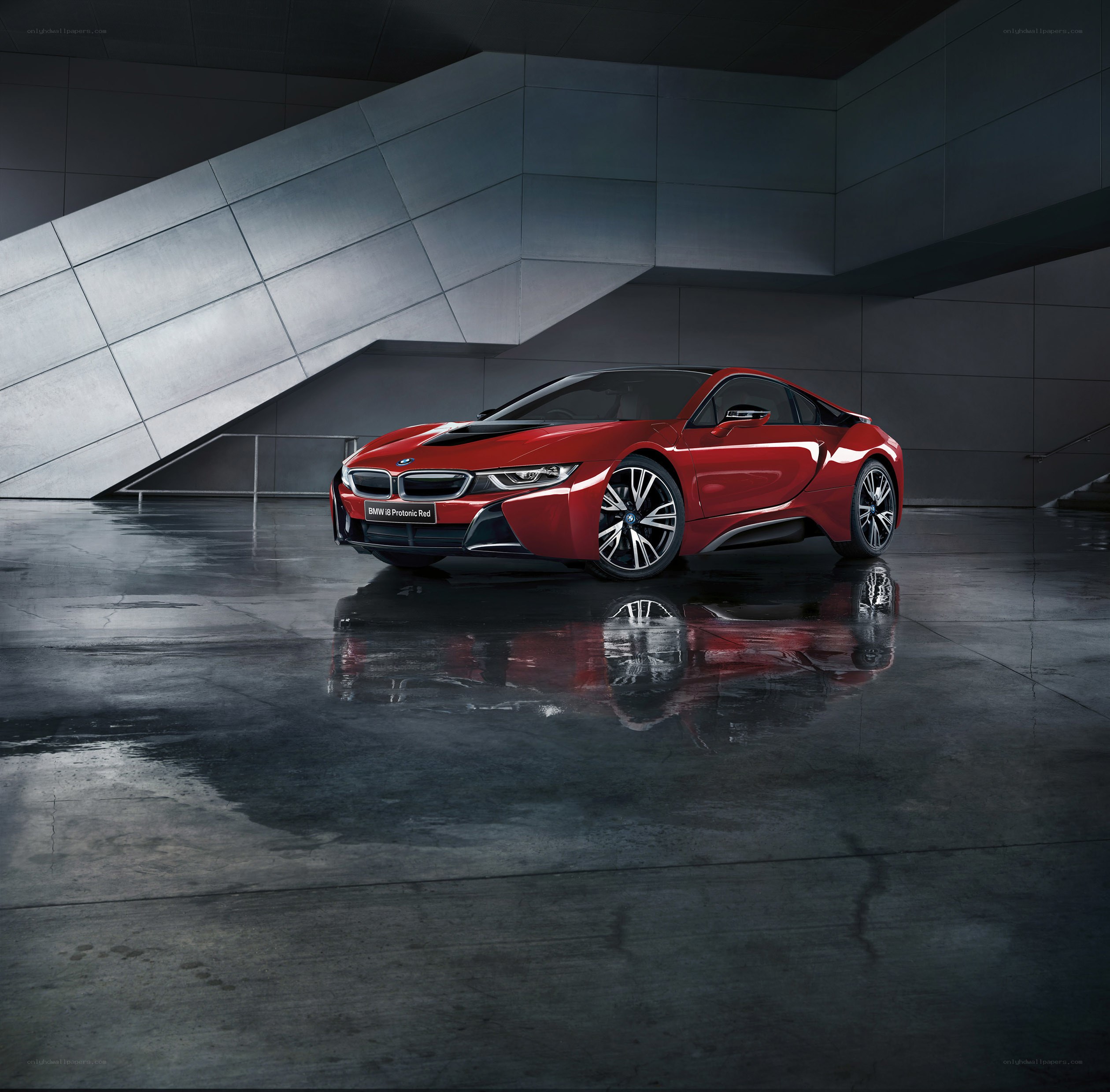 Red BMW i8 in modern setting