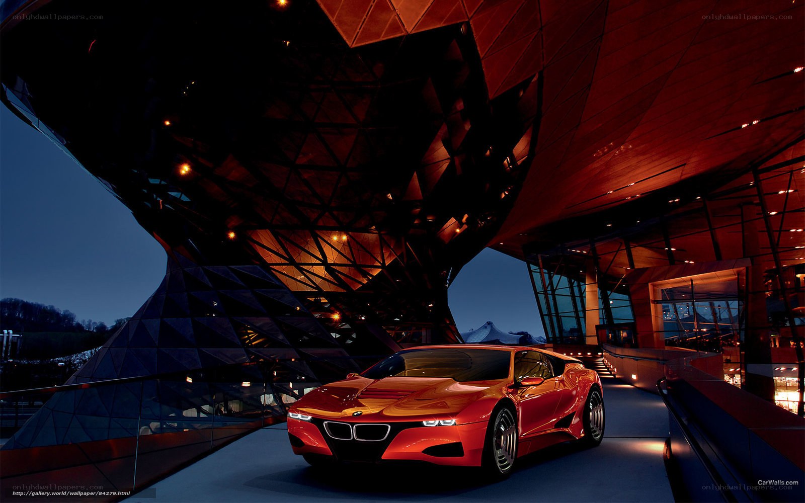 Red BMW in modern architecture