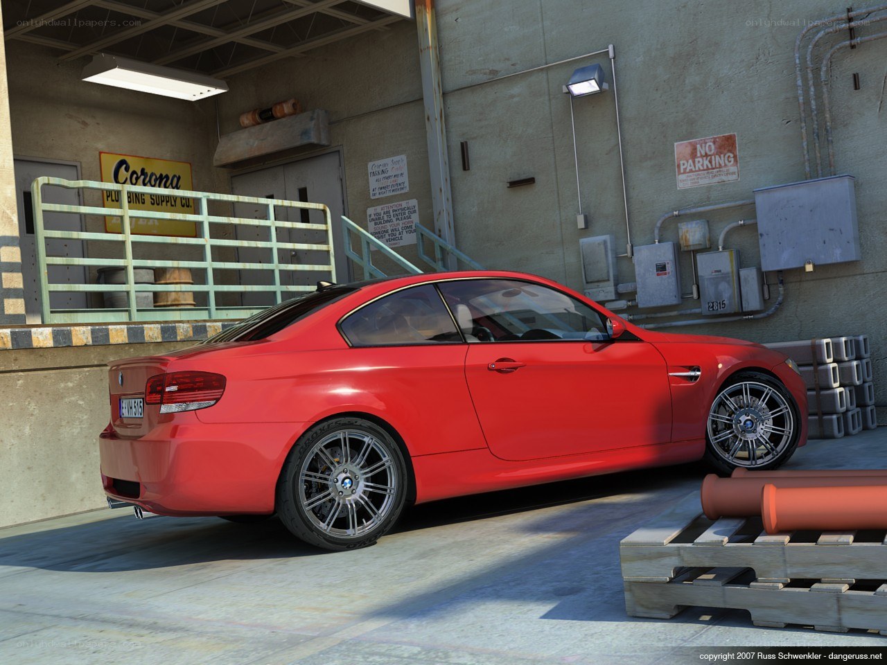 Red BMW in warehouse