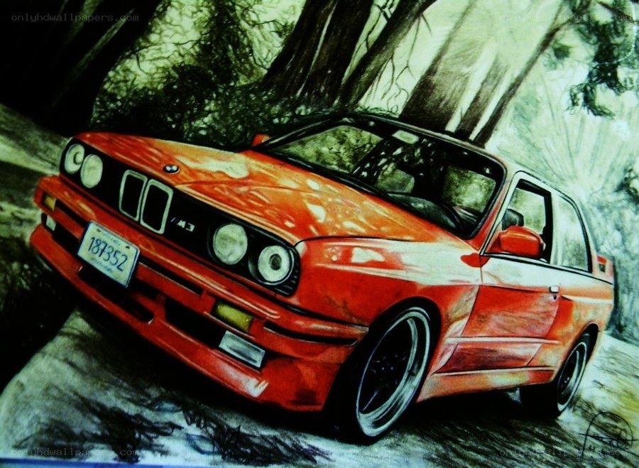 Red BMW M3 in forest