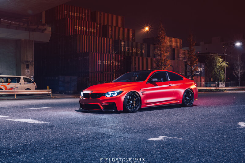 Red Bmw M4 Coupe — Dramatic, Night, Photograph, Shipping Containers