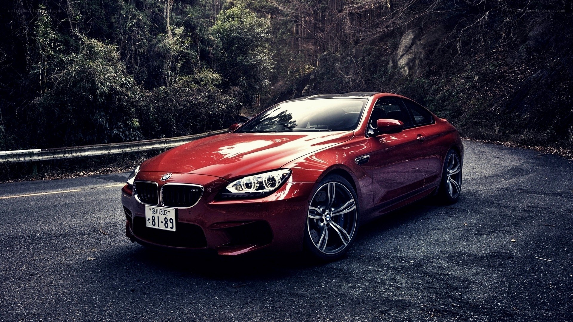 Red BMW M6 on a forest road