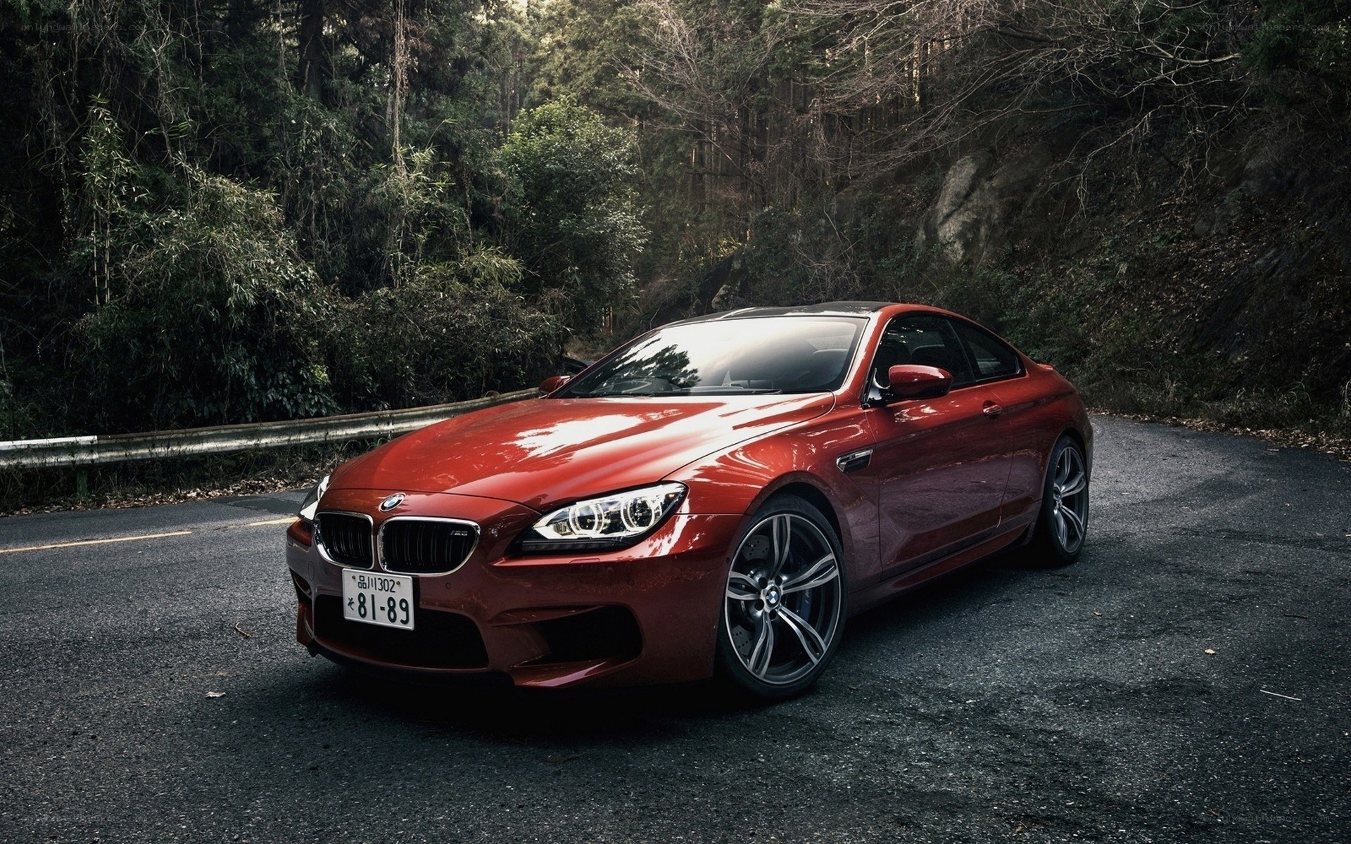 Red BMW M6 on a forest road