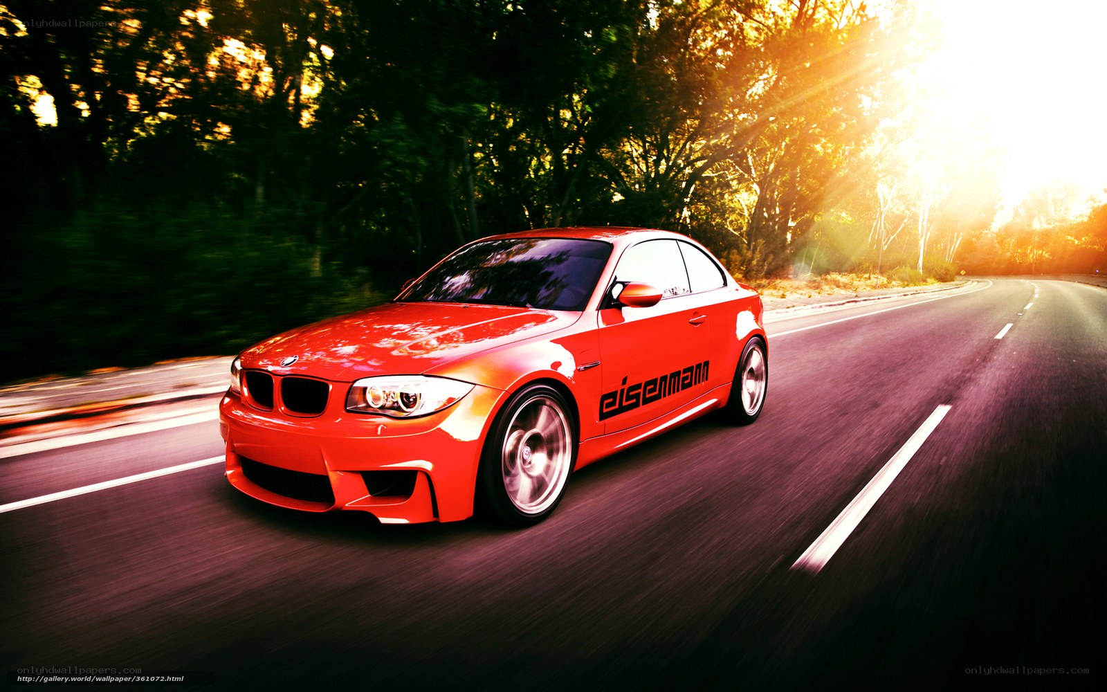 Red BMW on a forest road