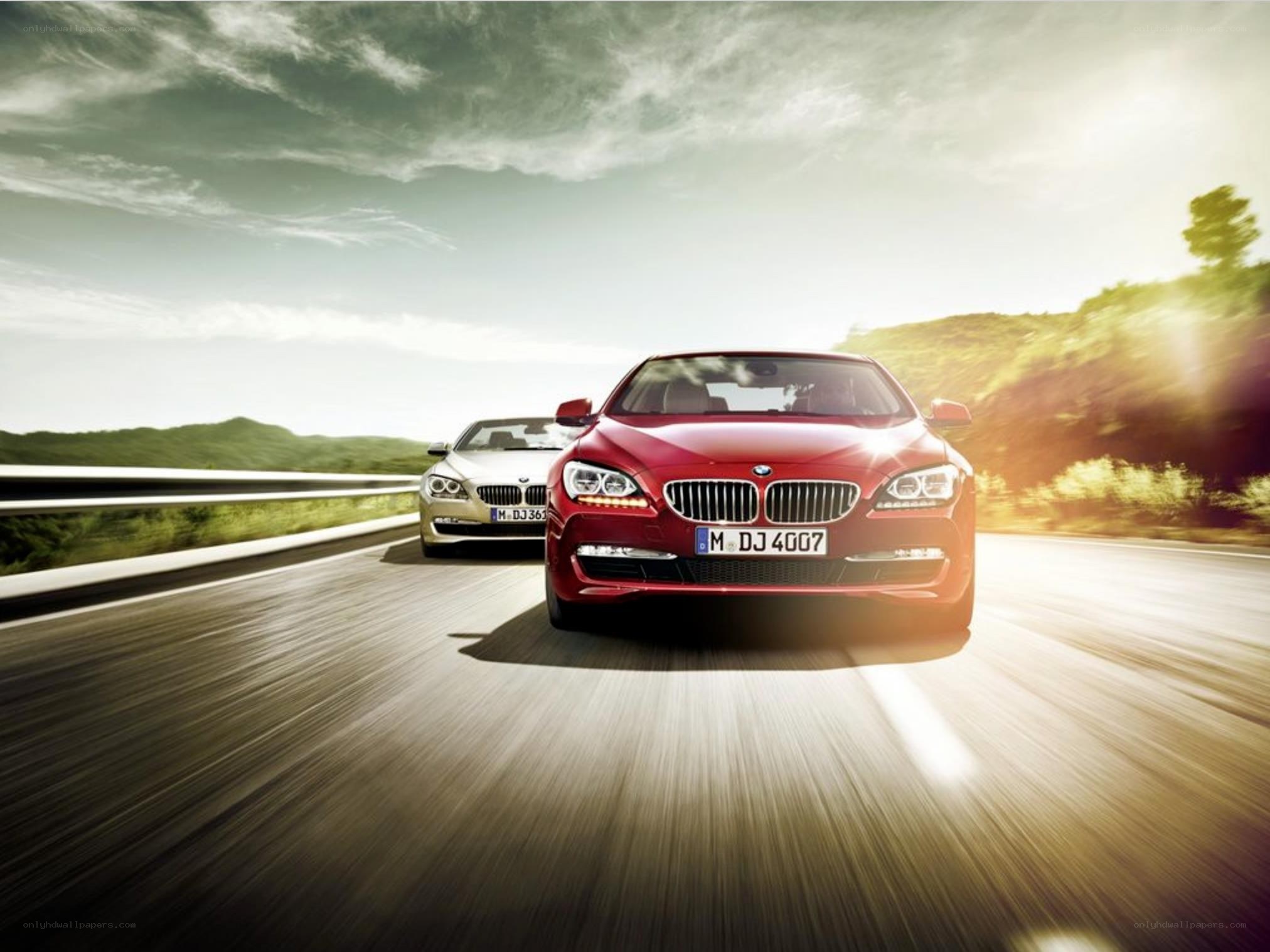 Red BMW on a scenic road
