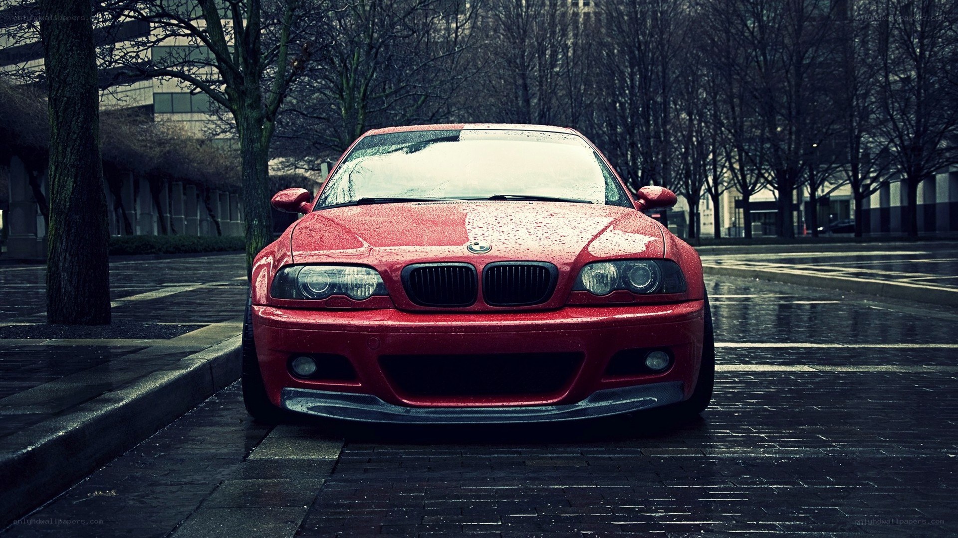 red bmw on wet street