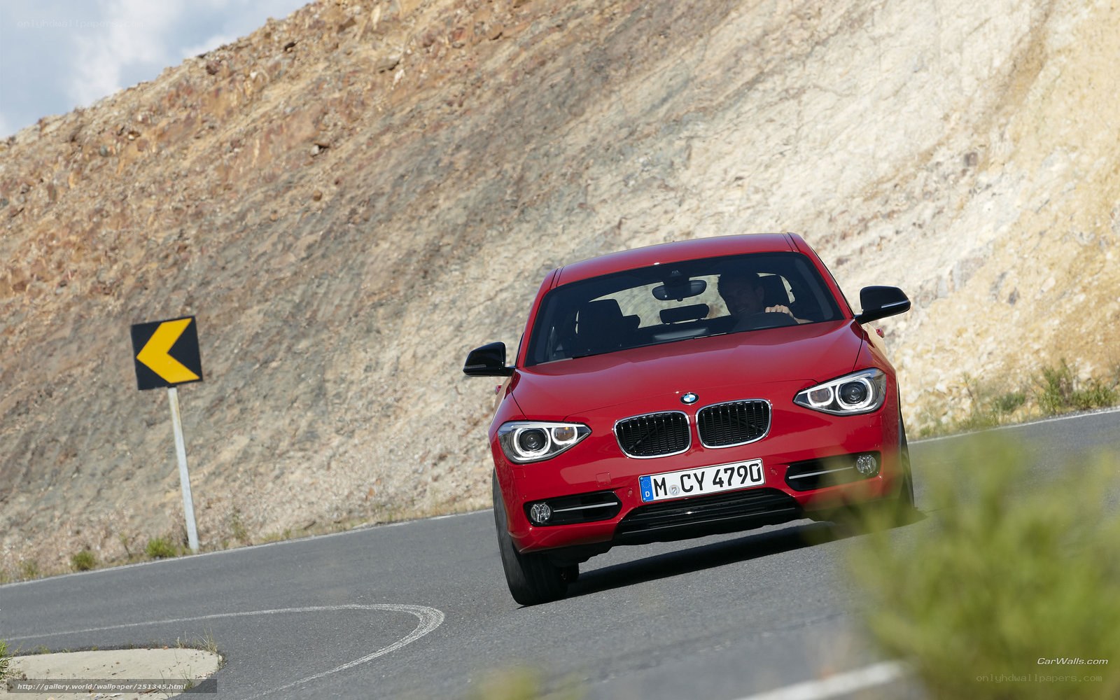 Red BMW on winding road