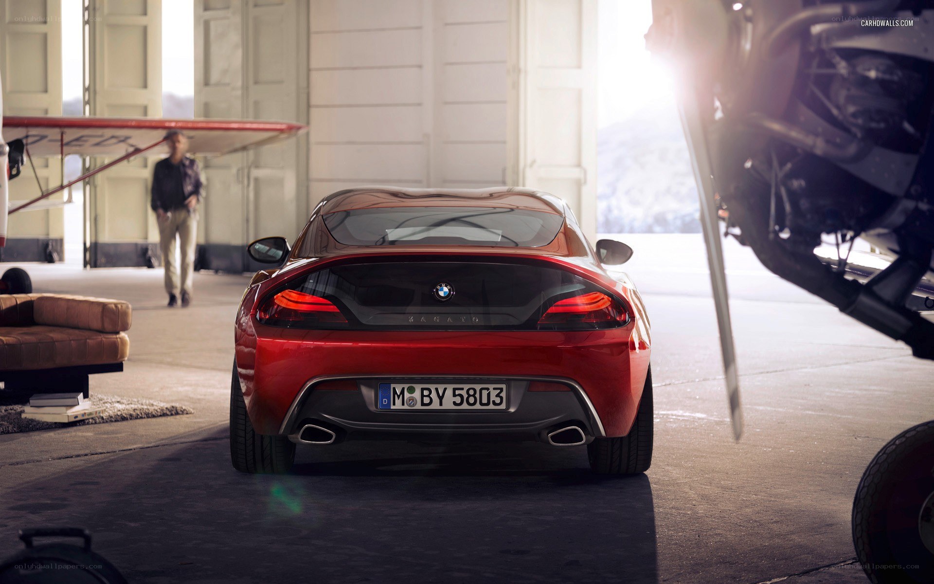Red BMW Z4 in hangar