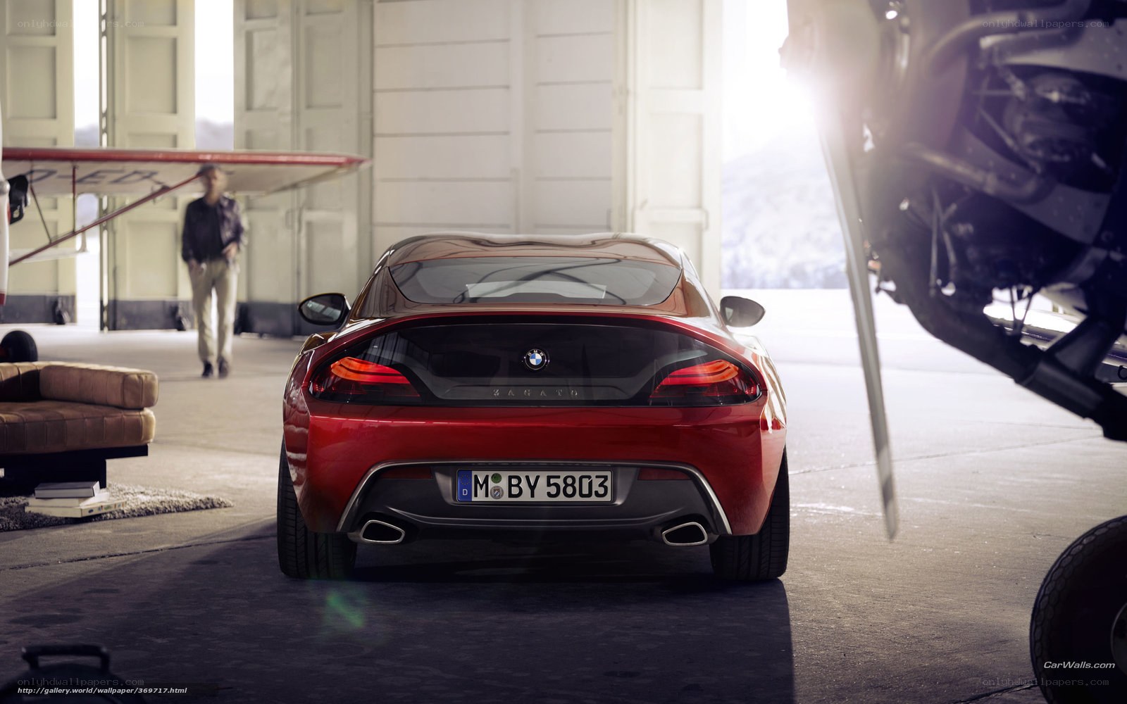 Red BMW Z4 in hangar