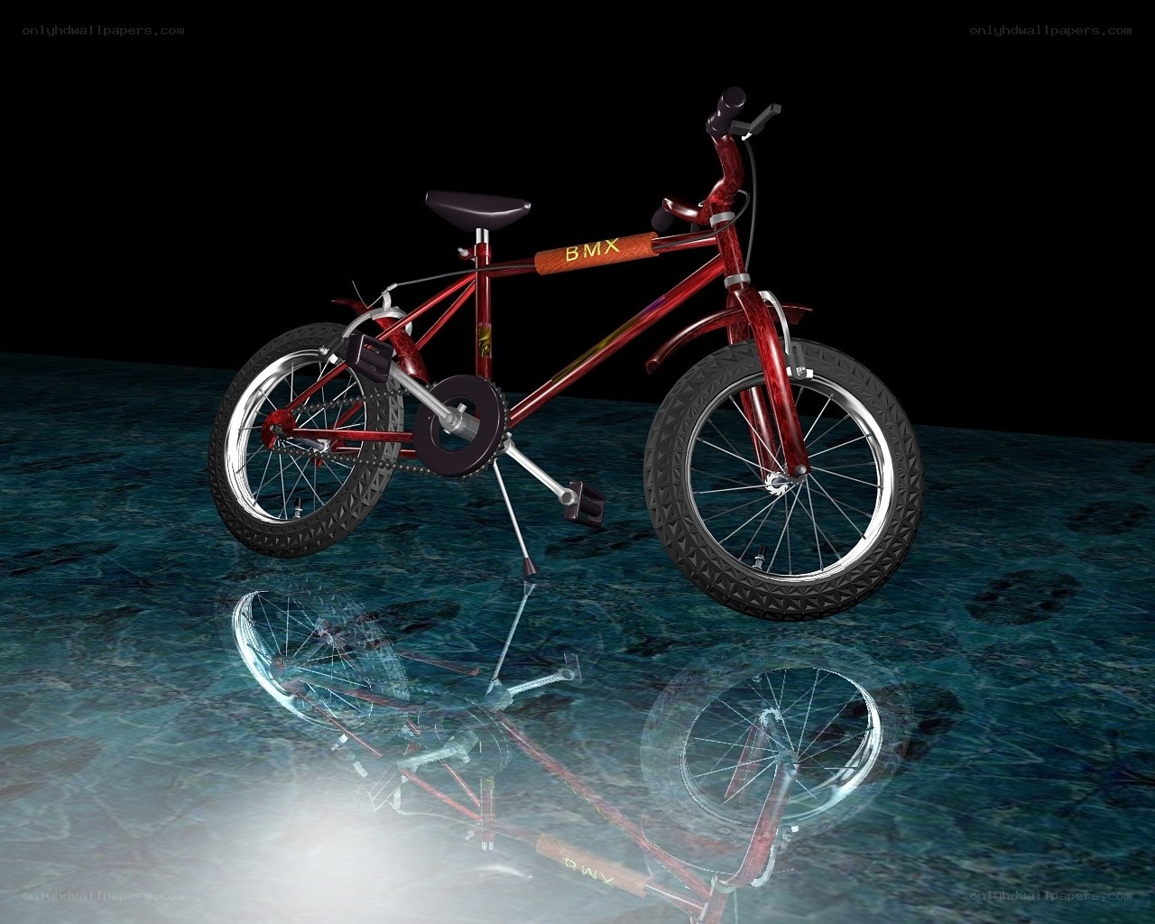 Red BMX bicycle on reflective surface