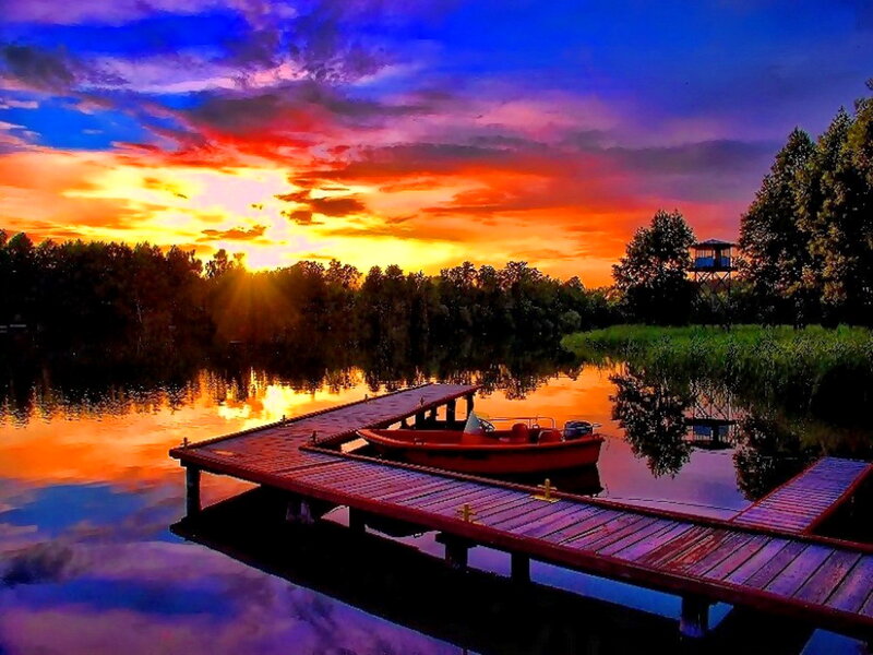 Red Boat at Sunset — Blue