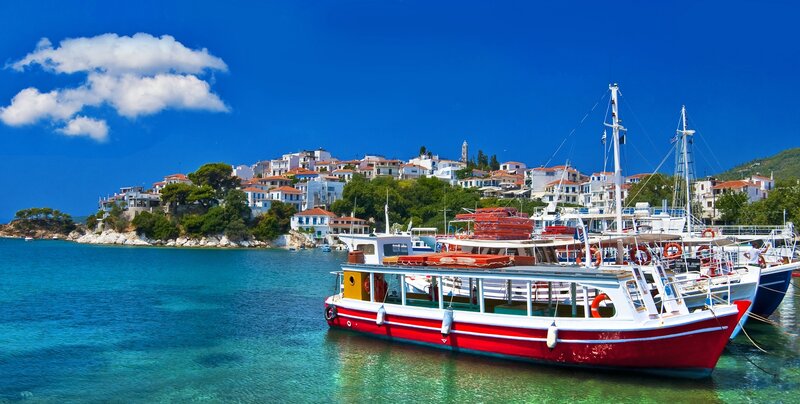 Red Boat in Harbor — Blue