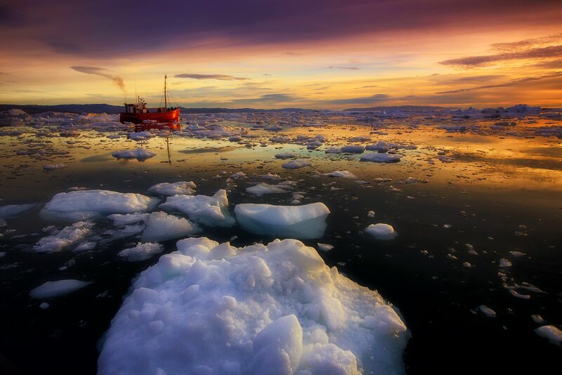Red Boat in Ice Floes